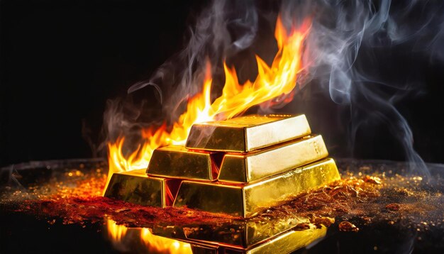 Gold bars are burning Stock chart flames are rising on a black background