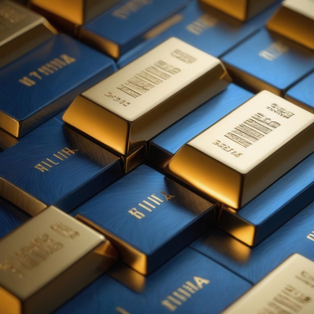 Photo gold bars on blue surface