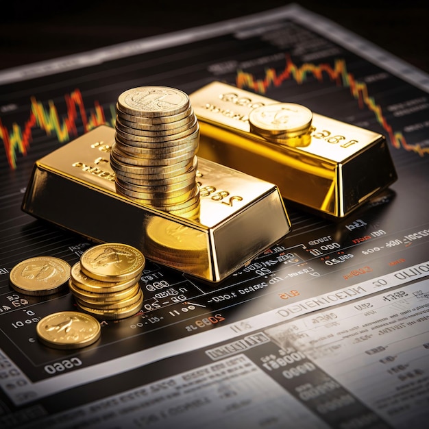 Gold bars and coins on the background of the financial chart Business concept