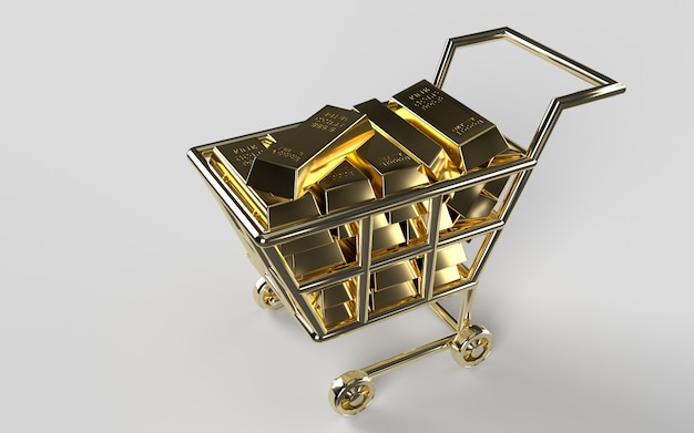 Gold Bars, gold shopping cart, the weight of shiny golden bars 1000 grams 999.9. Concept of billionaire wealth and reserve. financial precious wealth metal or money investment concept.