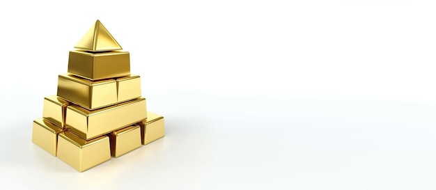 Gold bars stacked in a pyramid on a white background Header banner mockup with space AI generated