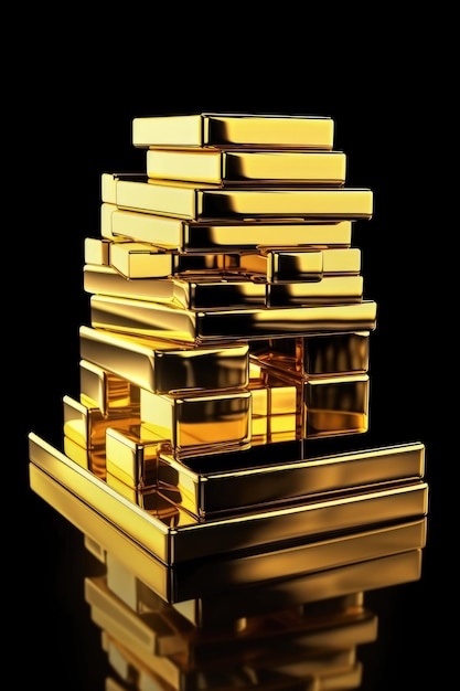 Gold bars stacked on a reflective surface created with generative ai