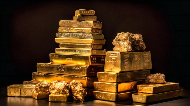 Gold bars stacked on top of a chart with financial symbols