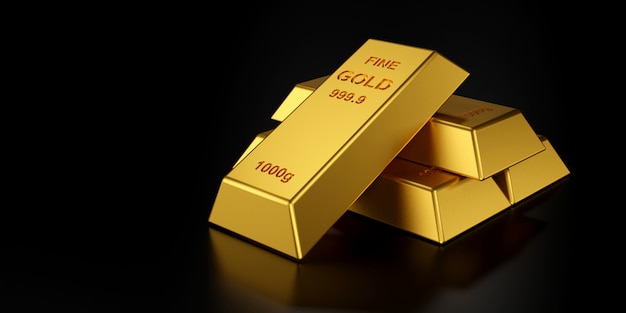 Gold bars for website banner. 3D rendering of gold bars.