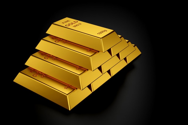 Gold bars for website banner. 3D rendering of gold bars.