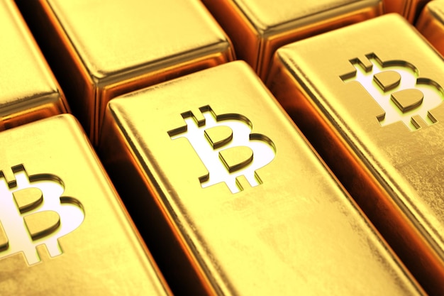 Gold bars with bitcoin symbol close up