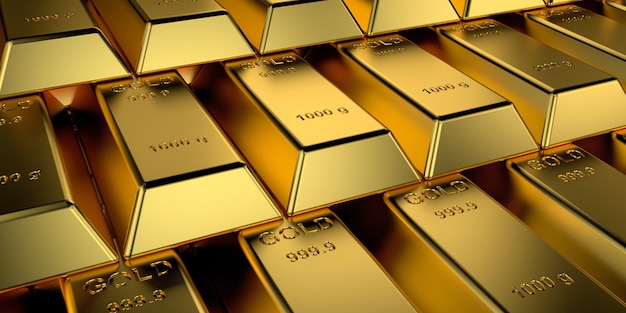 Gold bars with the web banner. 3D rendering.