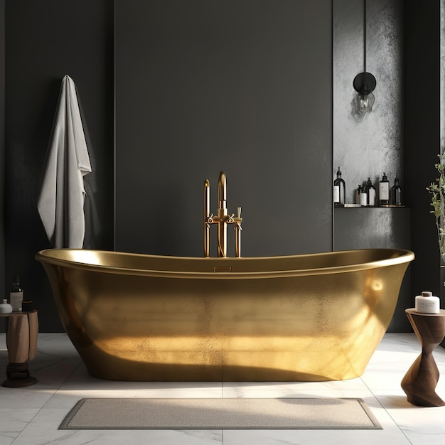 A gold bathtub with a white towel hanging on the wall