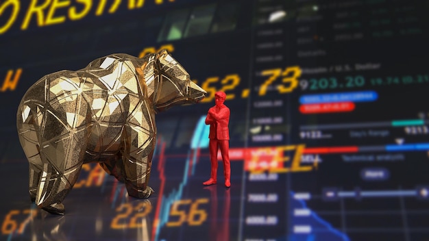 The gold bear and red man for business concept 3d rendering