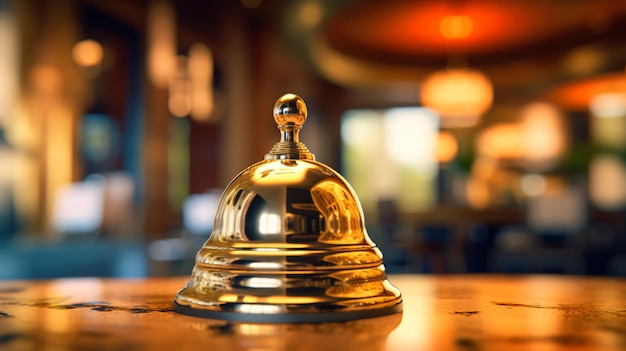 A gold bell sits on a table in a restaurant.