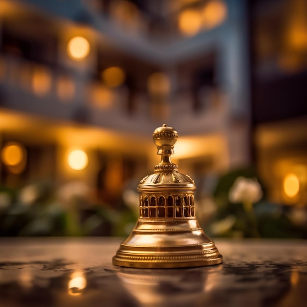 A gold bell sits on a table with a building in the background.