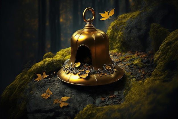 Gold bell on stone in beautiful fairy tale forest created with generative ai