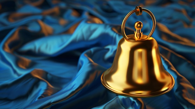 a gold bell with a blue cloth with a blue background