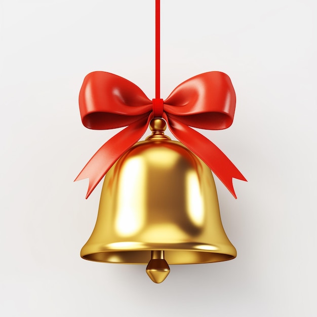 a gold bell with a red bow