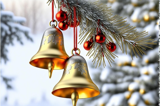 Gold bells hanging on fir tree branch with winter nature in background created with generative ai