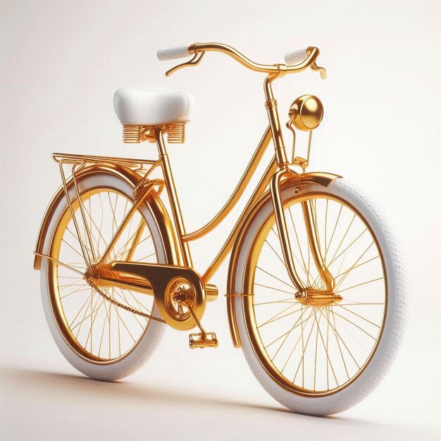 Photo a gold bicycle with a white seat that says  the bike is made by the company