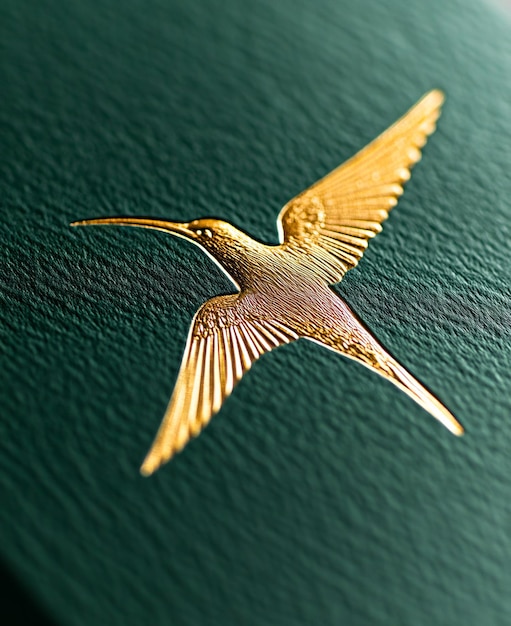 A gold bird flying through the air on a green surface