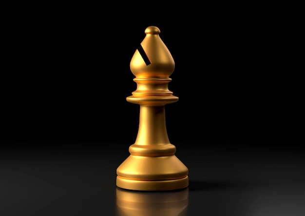 Gold bishop chess standing against black background Chess pieces 3D render illustration