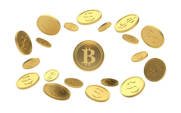 Gold bitcoin coin in a circle of dollar coins