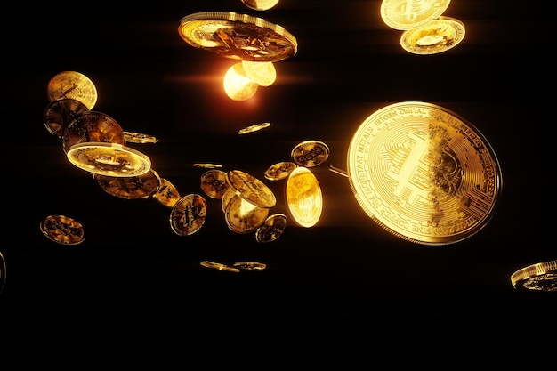 Gold bitcoin coins isolated on black background, isolate. Blockchain technology, Block of cryptographic data, money of the future. 3D render, 3D illustration. Copy space.