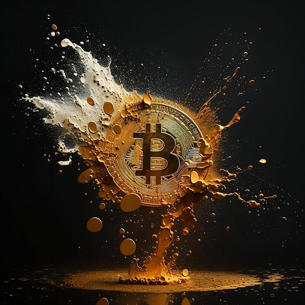 Gold bitcoin symbol on black background bitcoin coins splashing out with golden dusts digital art