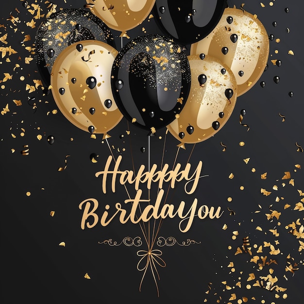 Photo a gold and black background with balloons and the words happy birthday on it