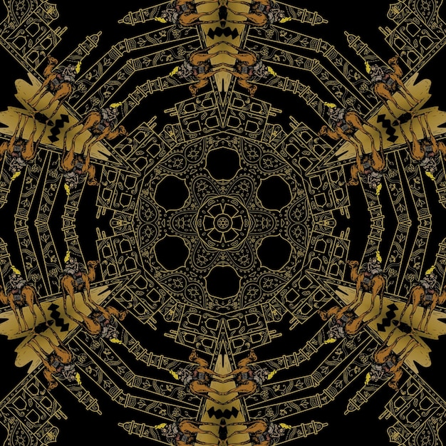 A gold and black background with a pattern of flowers and a bird.