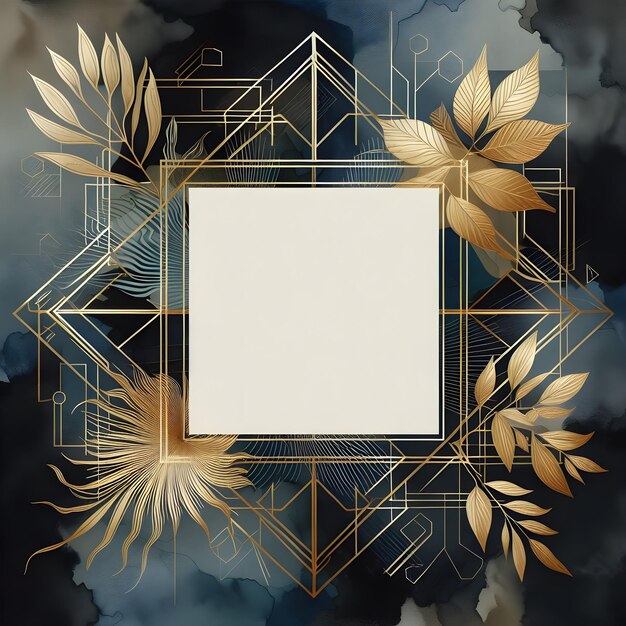 a gold and black background with a white square and a gold leaf