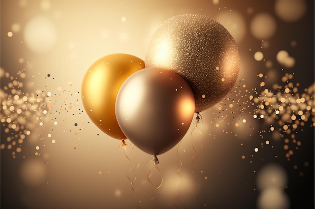 A gold and black balloon with gold glitters and a gold ball in the air.