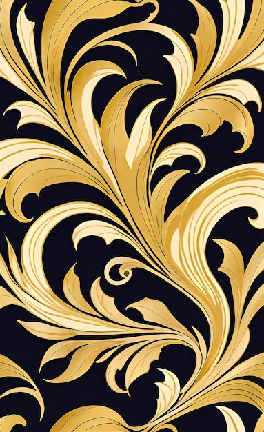 gold and black damask print on a black background