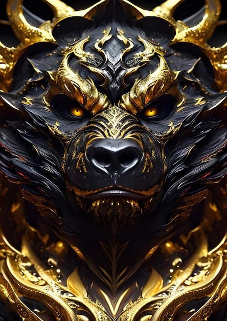 A gold and black dragon with a black face and gold eyes.