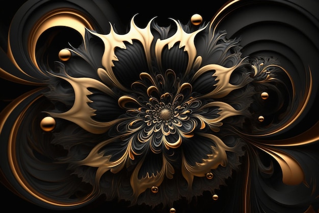 A gold and black floral design with a flower in the middle.