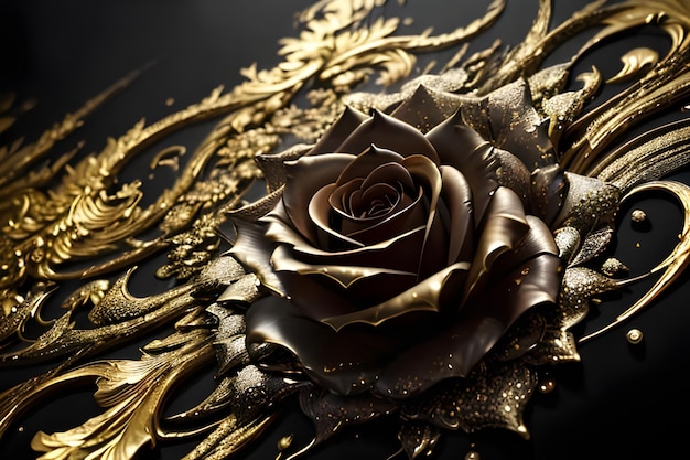 A gold and black flower with a gold decoration.