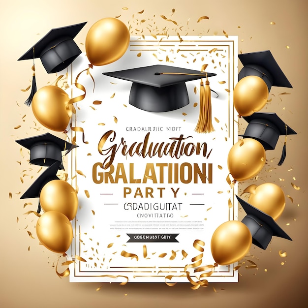 a gold and black graduation cap with a gold background with confetti