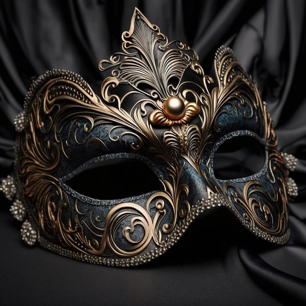 A gold and black mask with a flower design is on a black background.