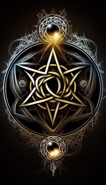 A gold and black pentagram with a star in the center.