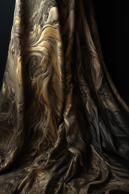 A gold and black silk scarf with a gold pattern.