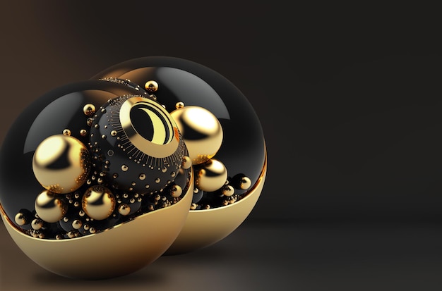 Gold and black sphere on black background. Generative ai banner