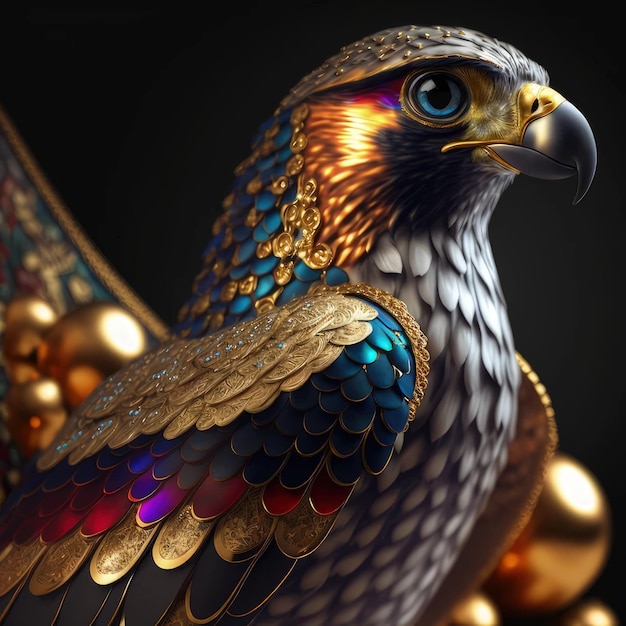 Photo a gold and blue bird with a gold beak and a gold bird on the back