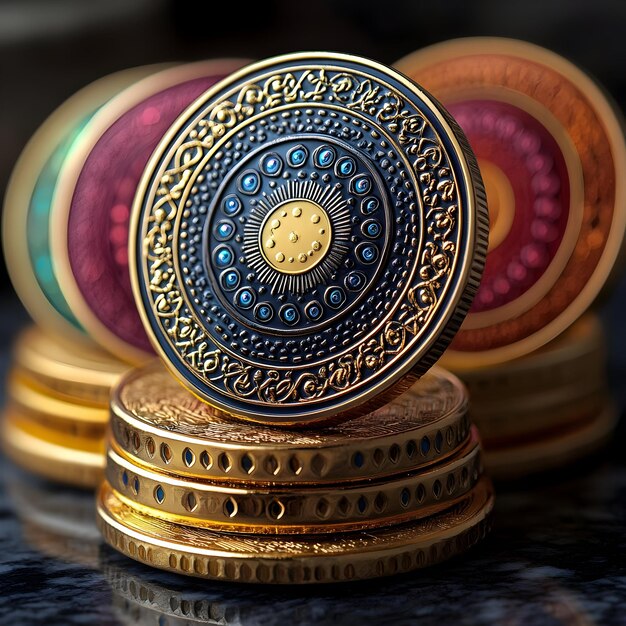 Photo gold and blue circular medallion with ornate design