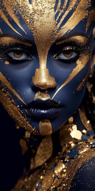 Gold and blue color designed print face of a woman generative AI