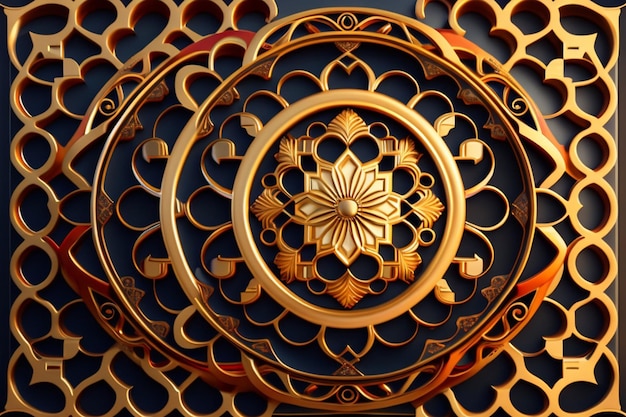 A gold and blue design with a flower in the middle.