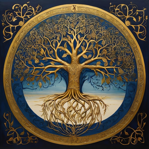 gold and blue drawing of a tree with the roots