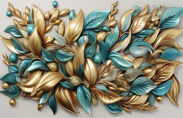 a gold and blue floral arrangement with leaves and flowers