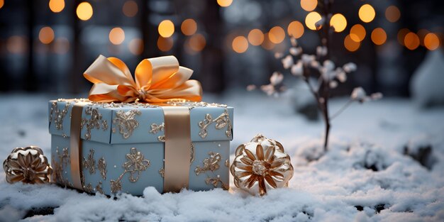 Gold blue gift box on the snow with christmas ornaments decoration on blurred glowing lights background Festive banner styled composition