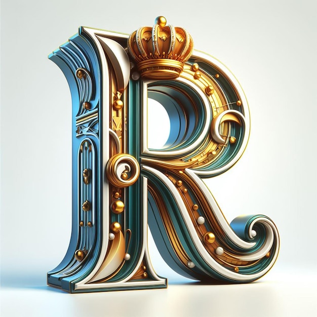 a gold and blue letter r is shown in a gold crown