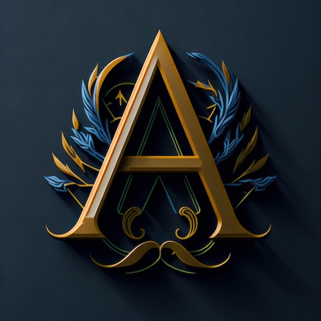 A gold and blue letter a with a laurel wreath around it.