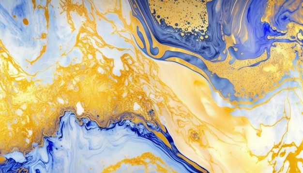 Gold and blue marbling abstract watercolor paint texture imitation.