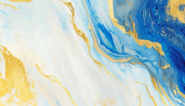 Gold and blue marbling abstract watercolor paint texture imitation.