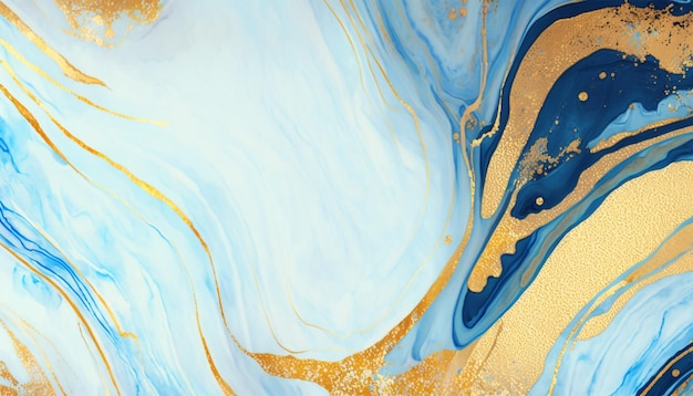 Gold and blue marbling abstract watercolor paint texture imitation.